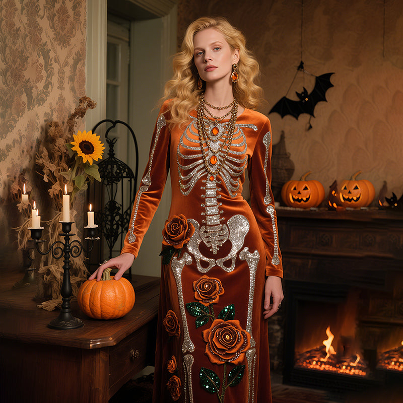Vintage Halloween Skeleton Bones With Roses Flowy Velvet Maxi Dress elevenforest