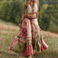 Vintage Boho Rose Floral Patchwork Art Flowy Casual Linen Skirt elevenforest