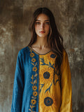 Ukraine Ethnic Sunflowers Embroidered Contrast Patchwork Linen Tunic elevenforest