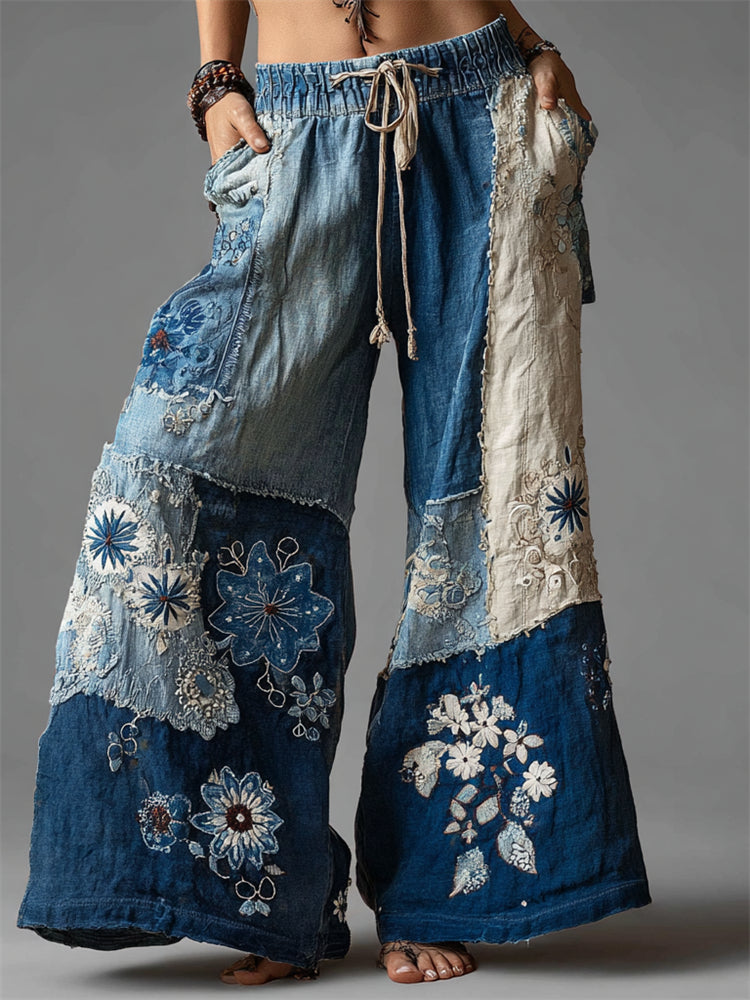 Boho Floral Lace Fiber Art Patchwork Flowy Wide Leg Pants elevenforest