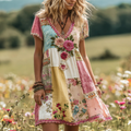 Women's Vintage Rose Floral Patch Linen Short Dress elevenforest