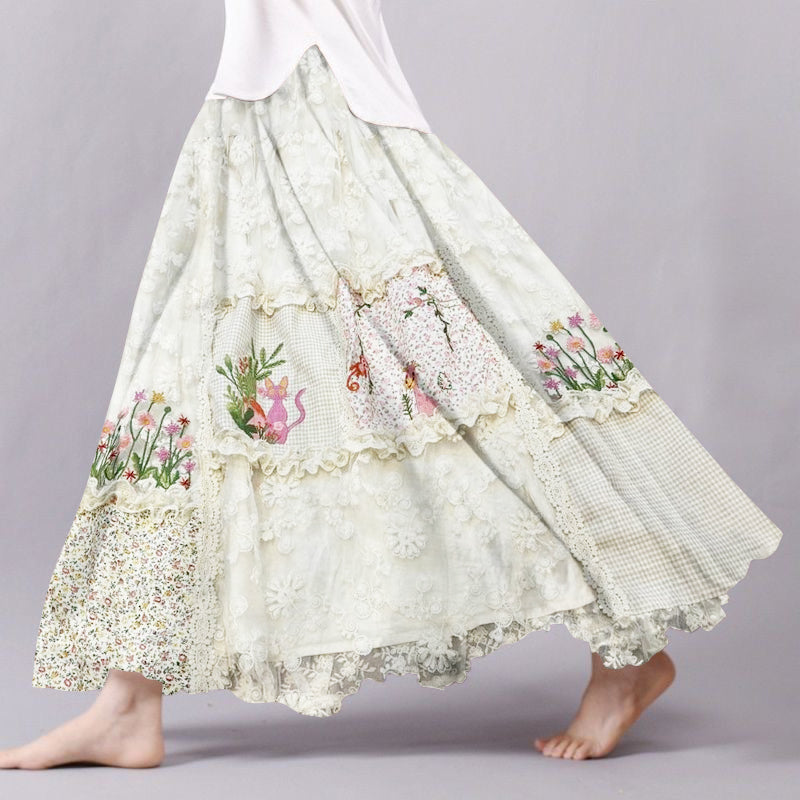 Vintage Floral Cat Lace Patchwork Art Flowy Wide Skirt elevenforest