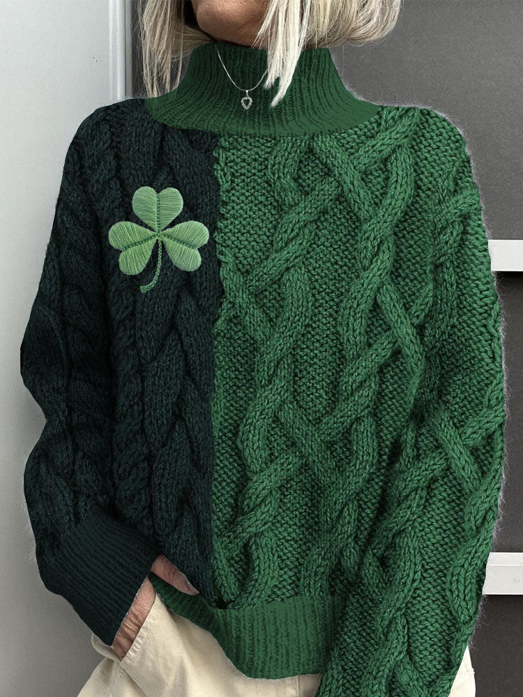 Shamrock Embroidered Jacquard Cozy Turtleneck Sweater elevenforest