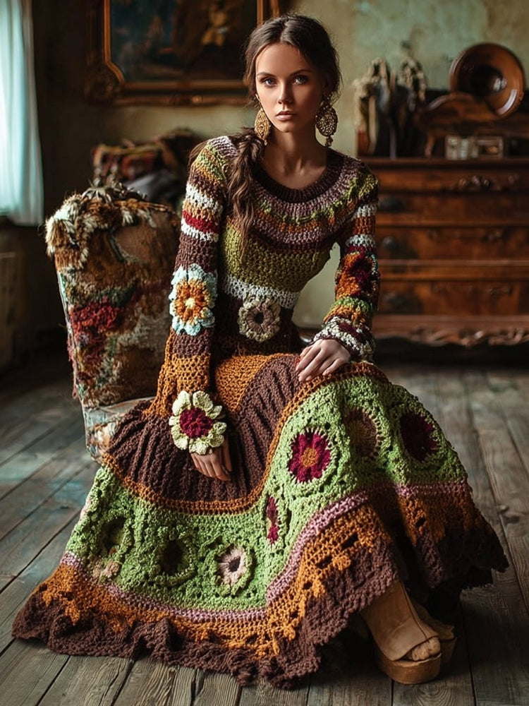 Vintage Bohemia Flower Crochet Patchwork Maxi Sweater Dress elevenforest