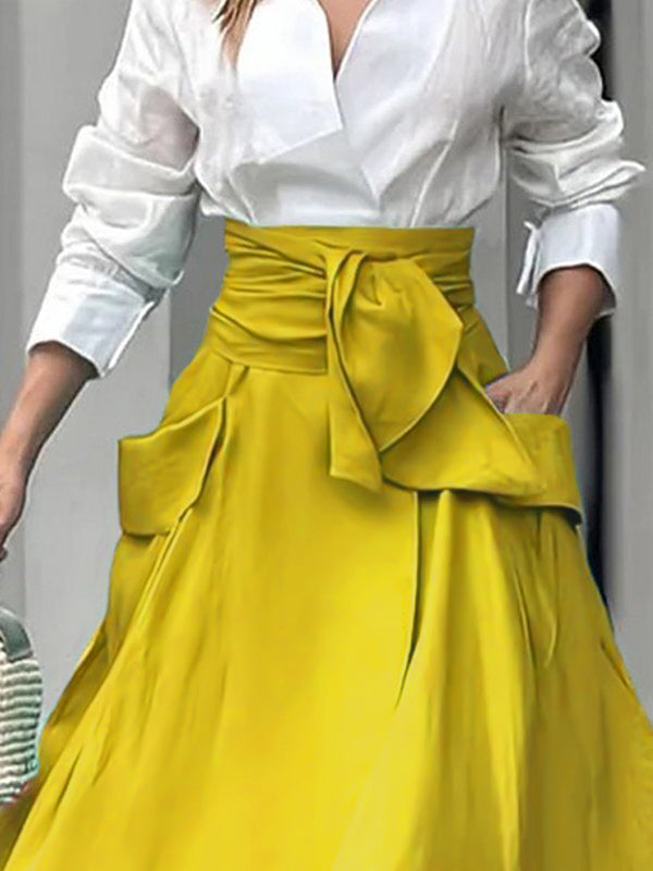 A-line Loose Pockets Color Split-joint Tied Waist Skirts Bottoms