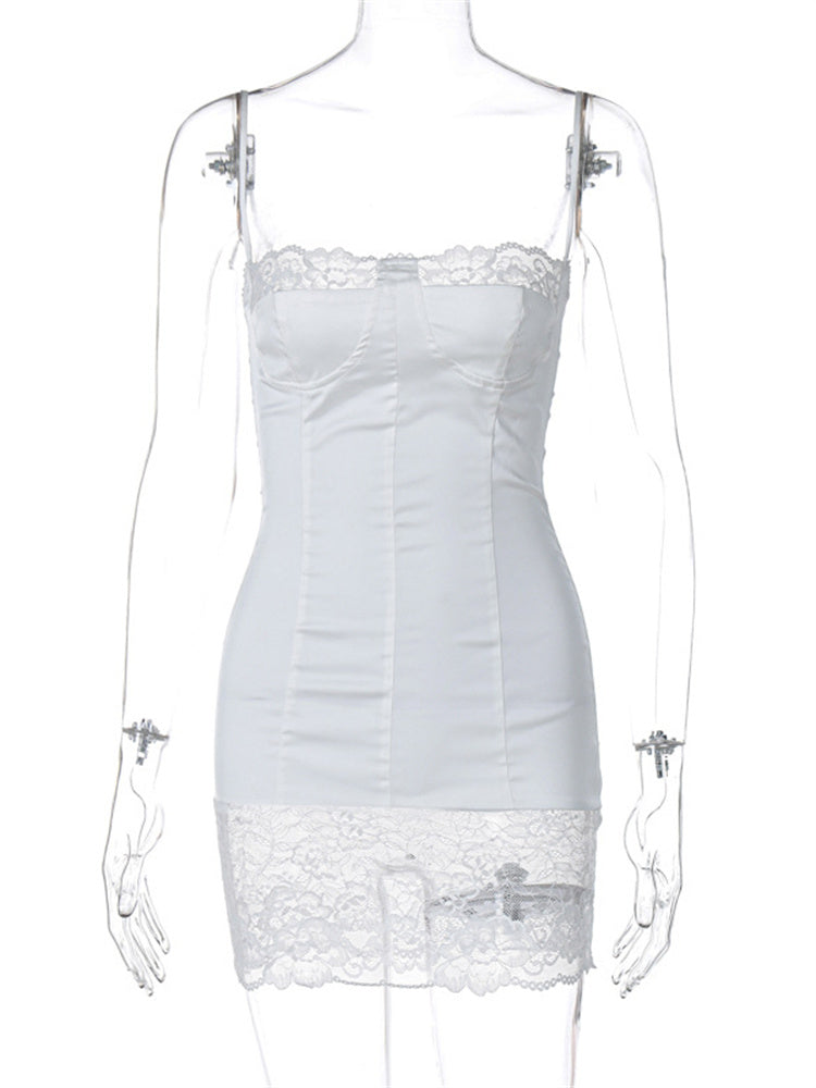 Tossy Lace Patchwork Halter Dress ’s High Waist Backless Spaghetti Slim Summer Mini Dress