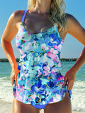 Blue Flower Print Halter Ruffle Ruched Jacquard Tankini Short Set