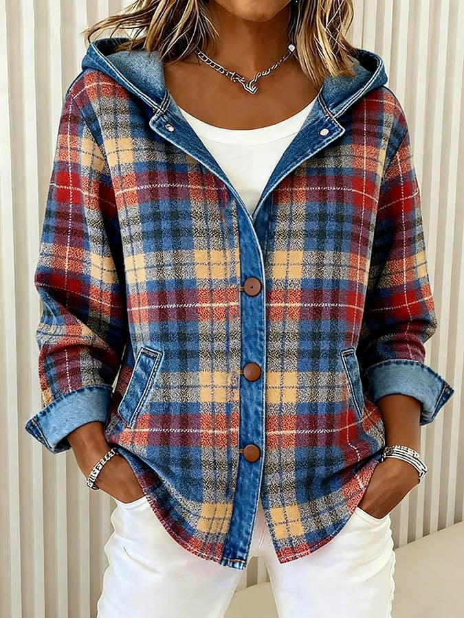 Women'S Casual Contrast Color Plaid Jacket 