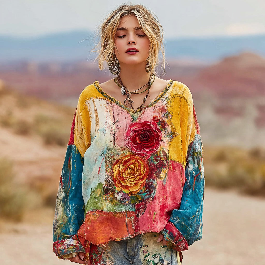 Women's Vintage Oil Painting Floral Art Color Block Linen V-neck Long Sleeve Shirt elevenforest