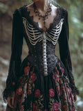 Vintage Skeleton Red Roses Embroidered Velvet Maxi Dress elevenforest
