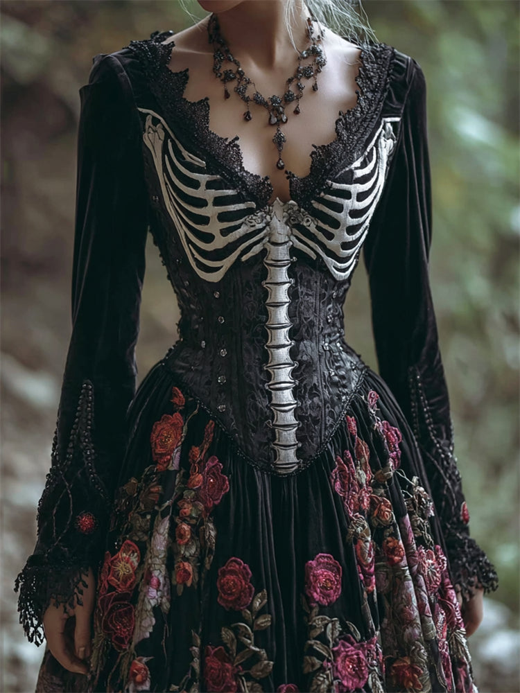 Vintage Skeleton Red Roses Embroidered Velvet Maxi Dress elevenforest