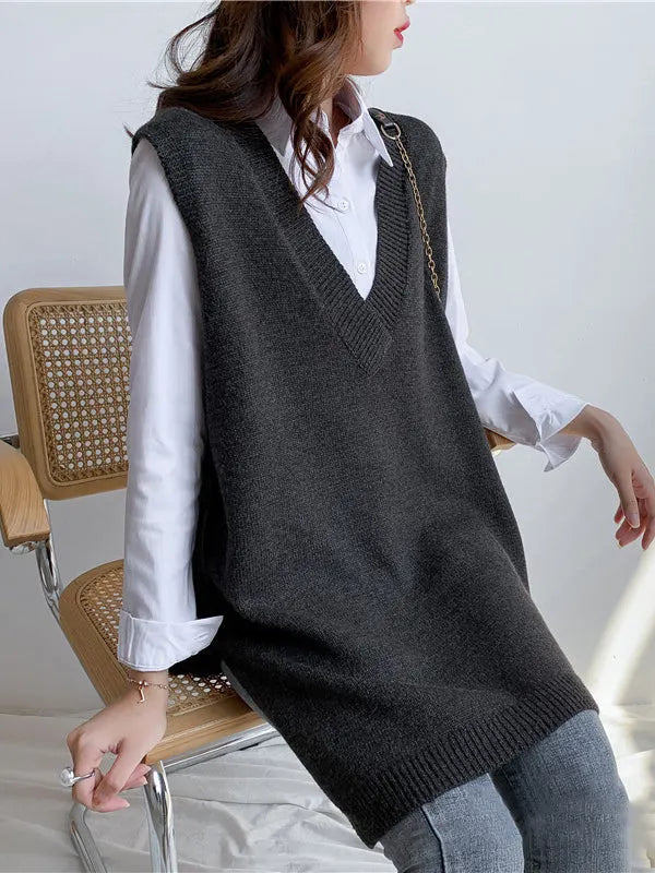 Sleeveless Split-side Color V-neck Knitted Vest