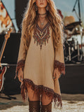Vintage Western Tassel Trim Loose Linen Dress elevenforest