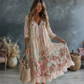 Women's Vintage Retro Floral Art Flowy Linen Blend Casual Long Sleeve Maxi Dress elevenforest
