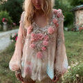 Boho Gauze Floral Sequin Embroidery Vintage Gradient Women's Flowing Long Sleeve Shirt elevenforest