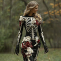 Comstylish Women's Vintage Halloween Skeleton Bones With White And Red Rose Art Cozy Knit Mini Sweater Dress