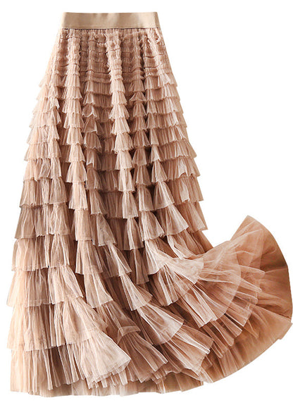 Unique Coffee Apricot Patchwork Wrinkled Tulle Skirts Spring