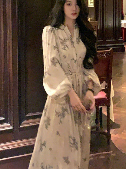 Midi Dress Printed Lantern Sleeve V-neck French Autumn Lace Up Female Evening Party Vestidos Mujer