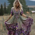Vintage Gradient Purple Pansy Embroidered Linen Maxi Dress elevenforest