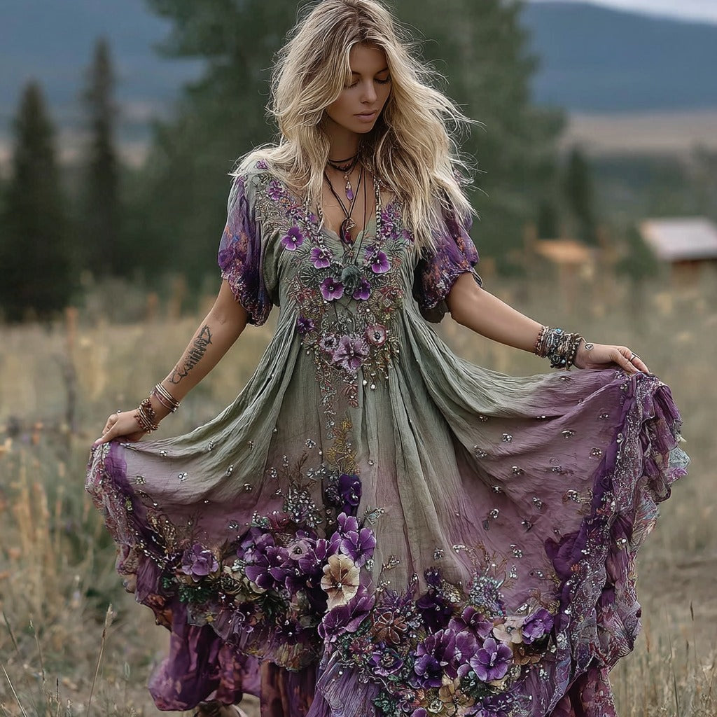 Vintage Gradient Purple Pansy Embroidered Linen Maxi Dress elevenforest