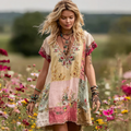 Women's Floral Embroidery Art V Neck Comfy Midi Dress elevenforest