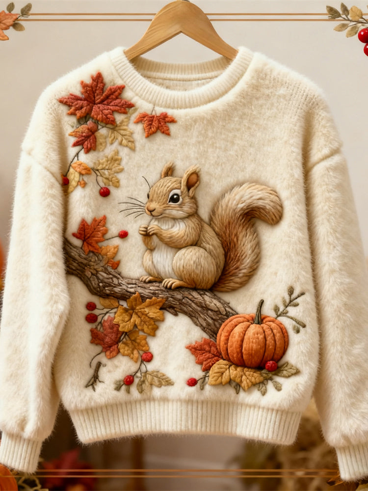 Comstylish Thanksgiving Pumpkin & Squirrel Women's Soft Plush Sweater