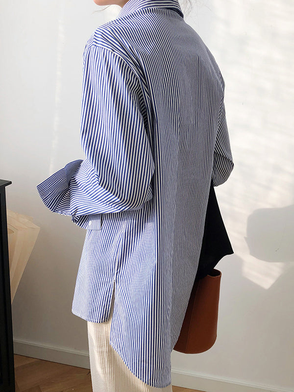 Urban Loose Striped Lapel Collar Blouses&shirts Tops