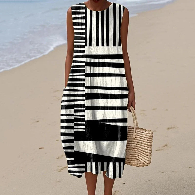 Women's Striped Art Print Crew Neck Tank Midi Dress elevenforest