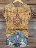 Women's Retro Ethnic Totem Pattern Print Crew Neck Casual T-Shirt