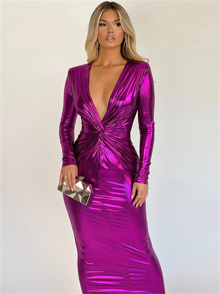 Tossy V-neck Pleated Maxi Dress Female Slim High Waist Long Sleeve Party Looks Dress Patchwork Long Dress
