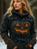 Halloween Spooky Pumpkin Light Women's Chunky Knit Hooded Sweater elevenforest