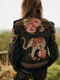 Women's Vintage Floral Elephant Print Dark Blue Denim Jacket elevenforest
