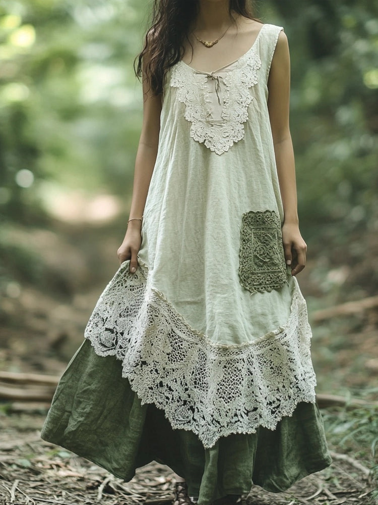 Vintage Lace Patchwork Sleeveless Comfy Linen Dress elevenforest