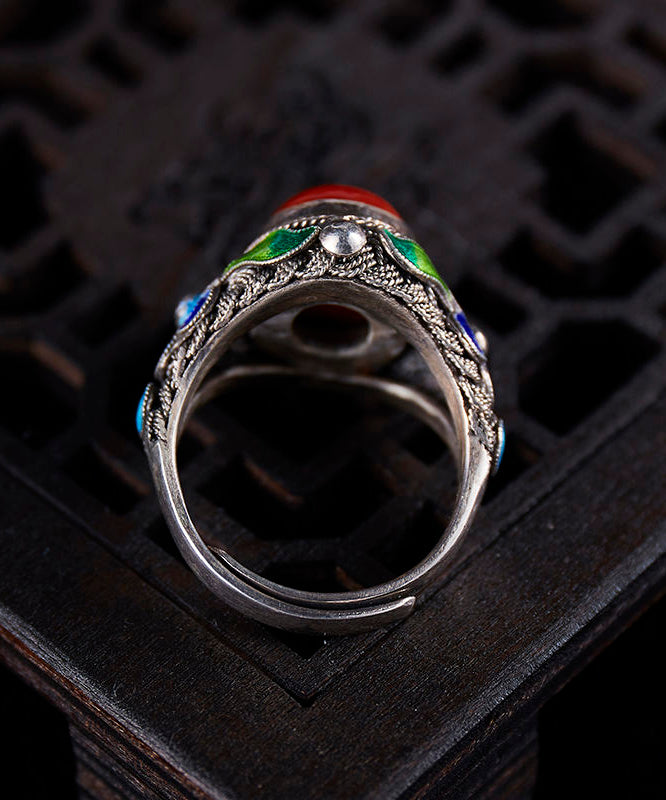 Retro Red Sterling Silver Agate Cloisonne Rings