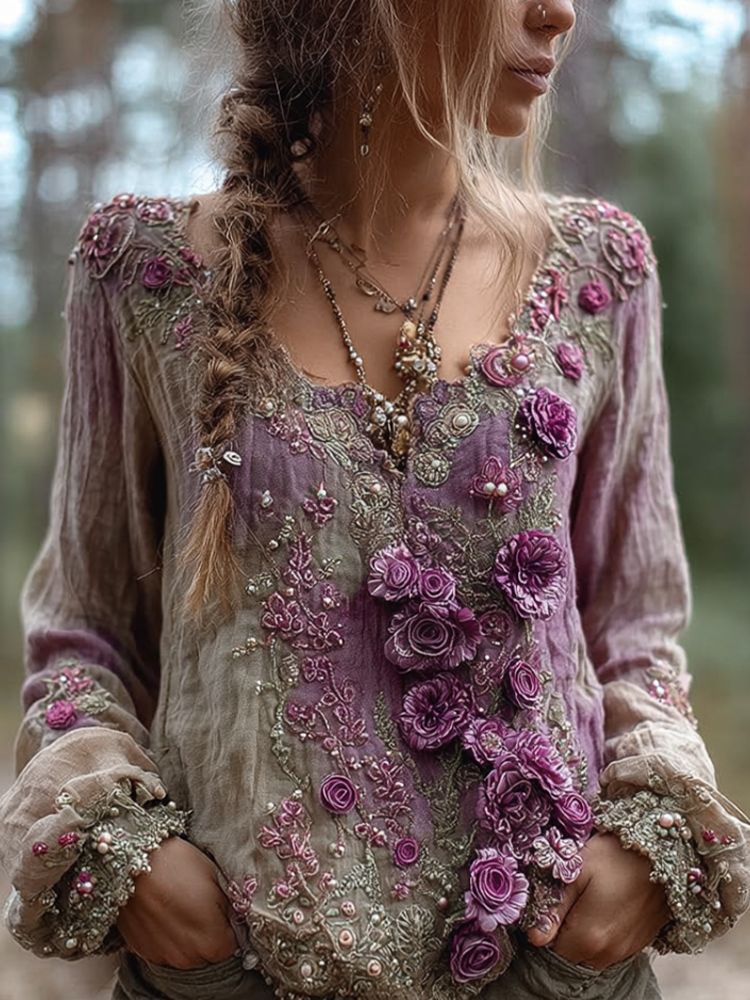Bohemian Style Round Neck Long Sleeve 3d Purple Flower Design Cotton And Linen Top For Women elevenforest