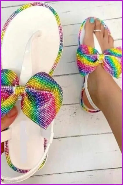 Bling Rainbow Crystal Bow Slippers Jelly Sandals Flat Slides De241