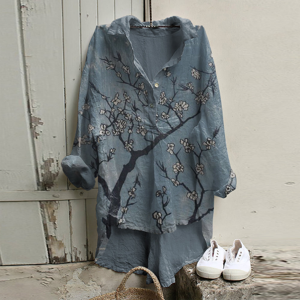 Vintage Floral Art Cotton Linen Button Casual Shirt elevenforest