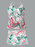 V-Neck Vintage Color Ripple Print Suspender Skirt Tankini Pantskirt Set Swimsuit