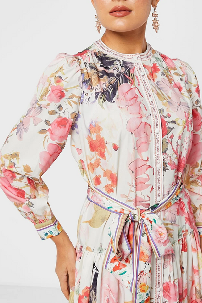 Long Sleeve Crew Collar Buttoned Lace Up Midi Dress
