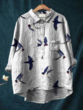 Flying Swallow Repeat Pattern Printed Women's Casual Cotton And Linen Shirt