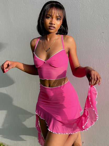 Tossy Ruffled Female 2 Piece-set Mini Dress Mesh See-through Camisole and Skirt Sets Party Looks for Outfits