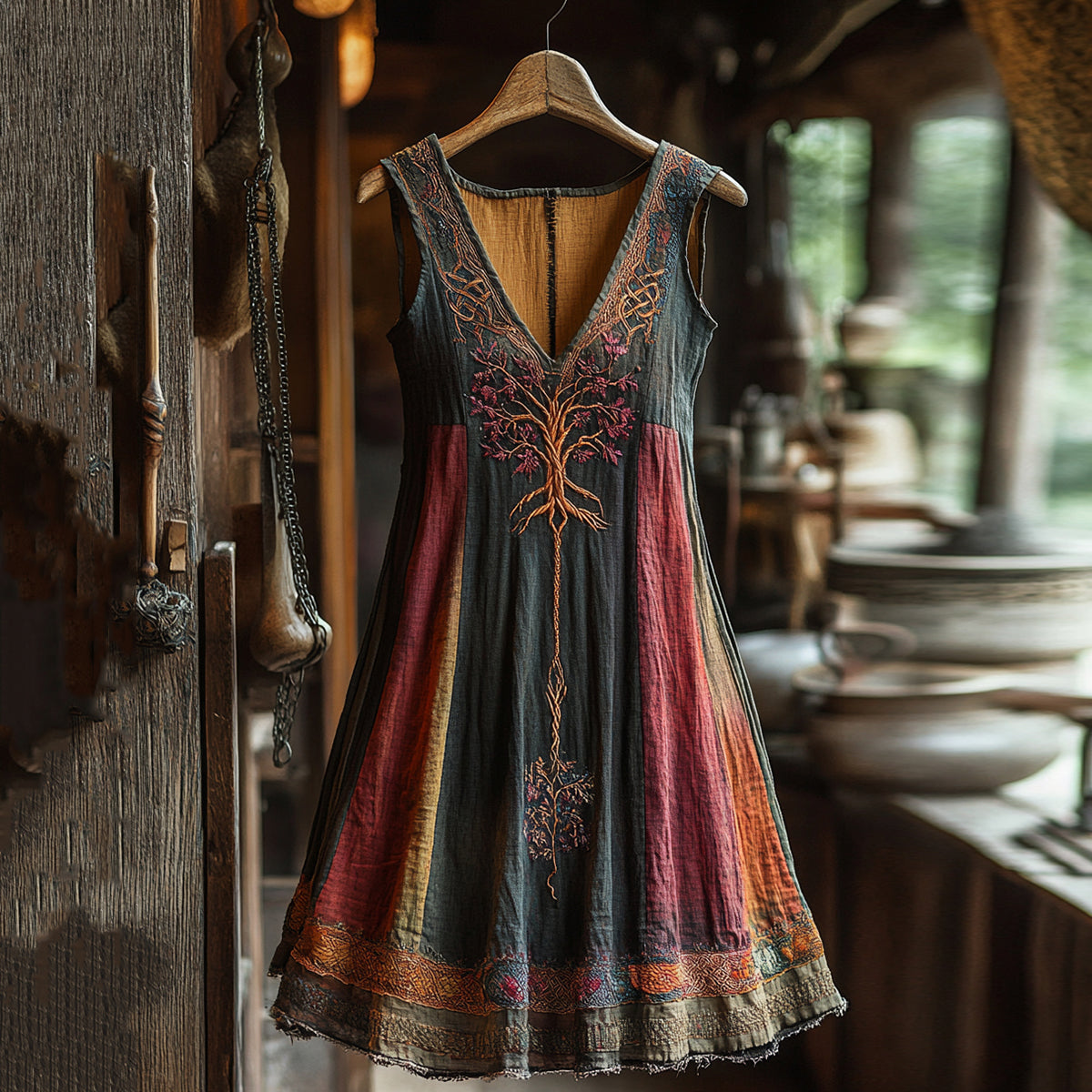 Women's Viking Celtic Knot Art Tree Of Life Contrast Linen Midi Dress elevenforest