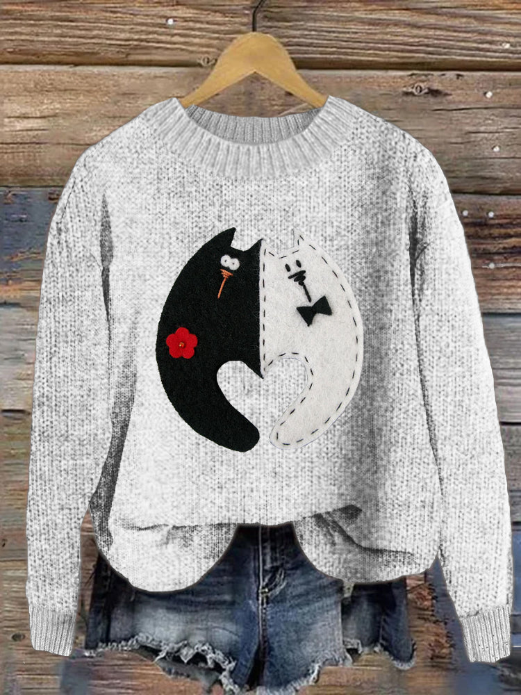 Love Cat Print Crew Neck Cozy Sweater elevenforest