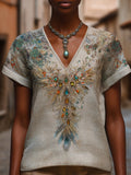 Western-style Bright-colored Feather Three-dimensional Embroidery Pattern Bead Embroidery V-neck White Short-sleeved Shirt elevenforest