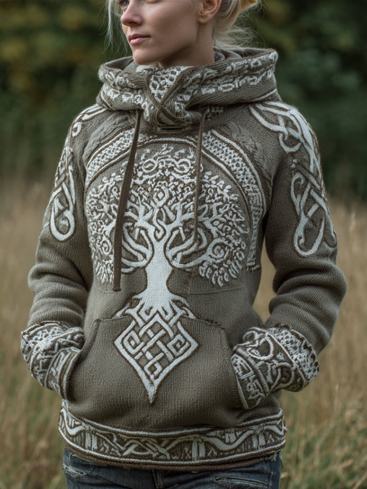 Women's Viking Style Tree Of Life Celtic Knot Green Hooded Sweater artswardrobe
