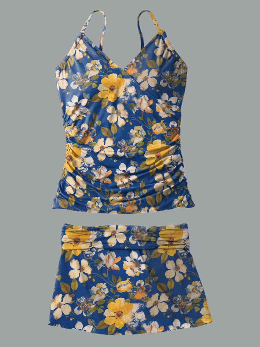 V-Neck Vintage Flowers Print Suspender Skirt Tankini Pantskirt Set Swimsuit