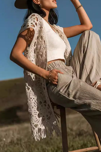Vacation Color Hollow Out Fringed Hem V Neck Tops