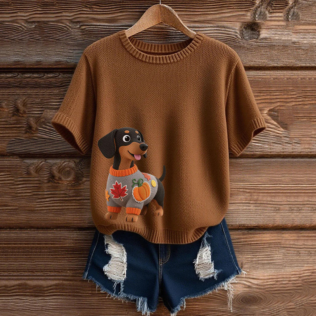 Vintage Dachshund  With Felt In Autumn Inspired Embroidered Short Sleeve Cozy Knit Sweater elevenforest
