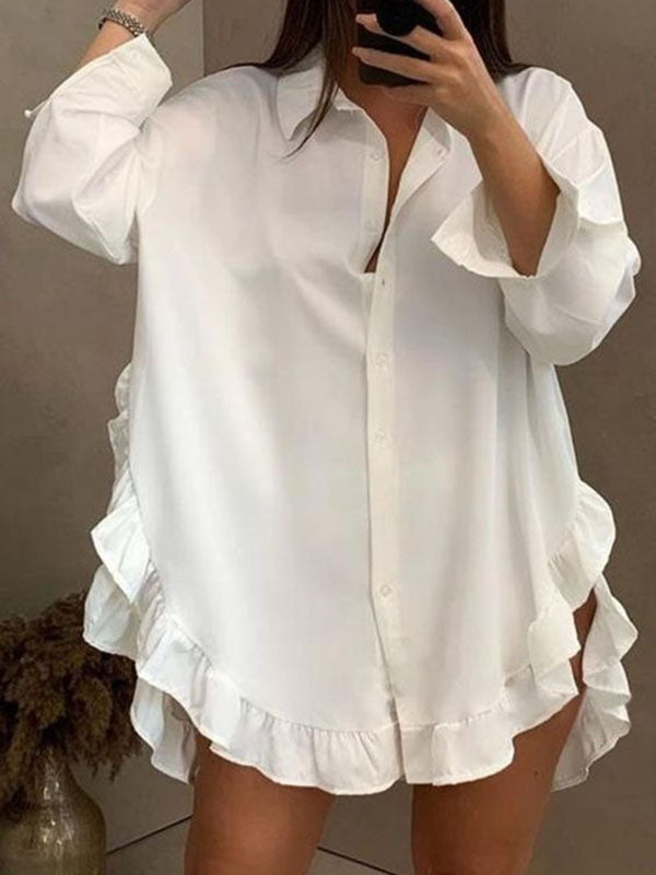 Long Sleeves Loose Falbala Color Split-joint Split-side Lapel Blouses
