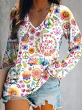 Women's Peace Loving Hippy Graphic Art Print V-Neck Long Sleeve Top
